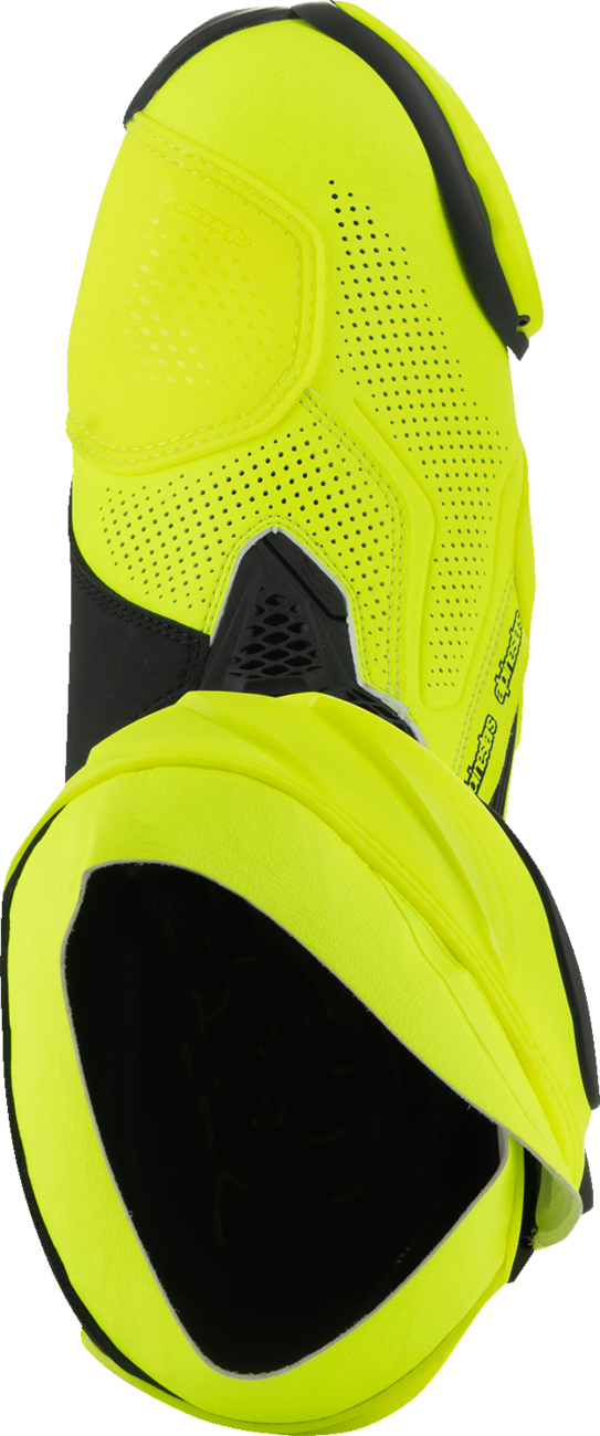 Alpinestars Supertech R Vented motorcycle racing boots in fluorescent yellow and black, size US 11.5 / EU 46, with protective design