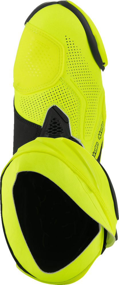 Alpinestars Supertech R Vented motorcycle racing boots in fluorescent yellow and black, size US 11.5 / EU 46, with protective design