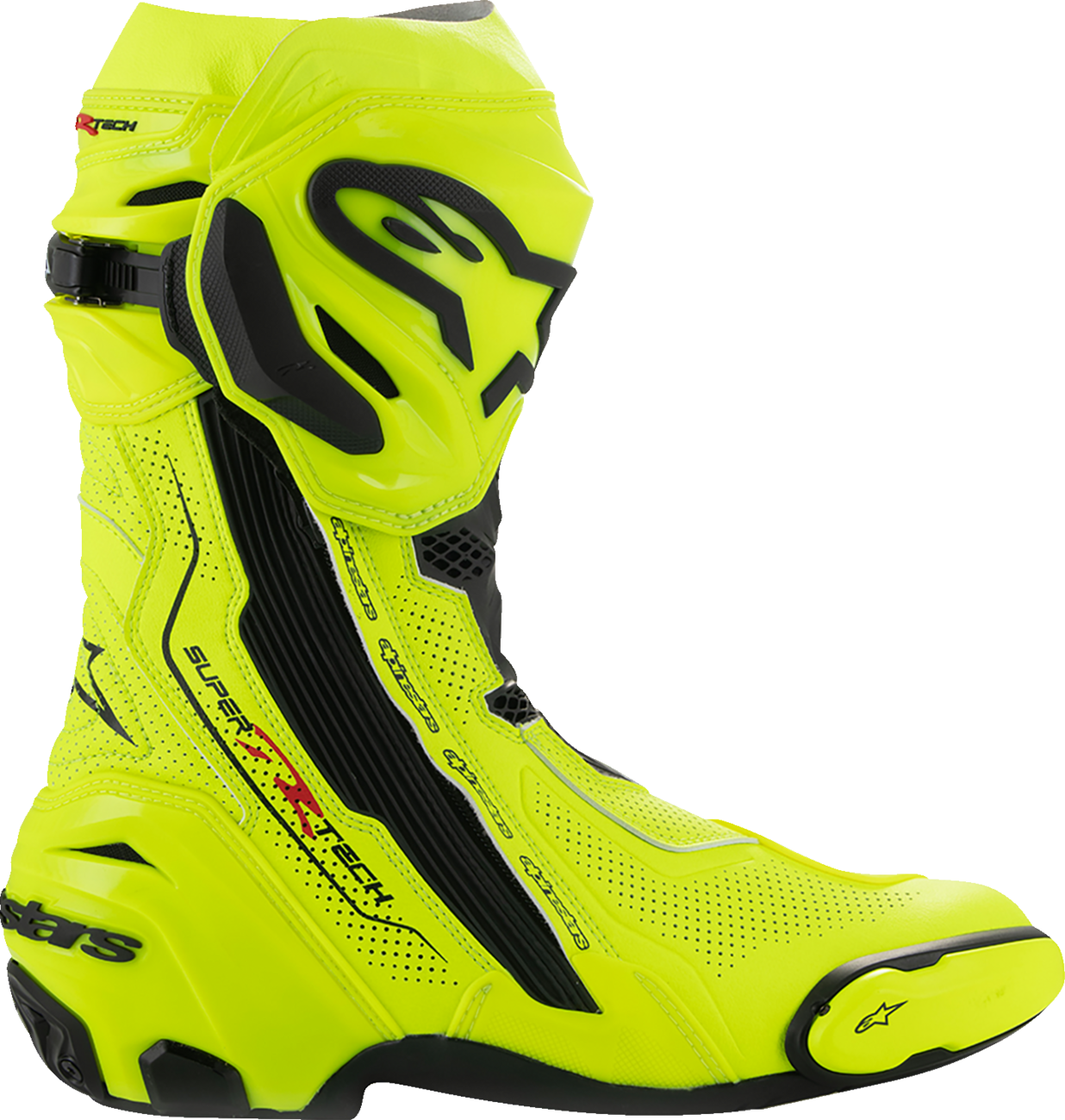 Alpinestars Supertech R Vented motorcycle boots in fluorescent yellow and black, US 11.5, EU 46, with protective design details.