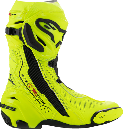 Alpinestars Supertech R Vented motorcycle boots in fluorescent yellow and black, US 11.5, EU 46, with protective design details.