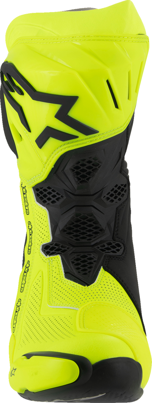 Alpinestars Supertech R Vented Motorcycle Boots in fluorescent yellow and black, US 11.5, showing venting and ankle support.