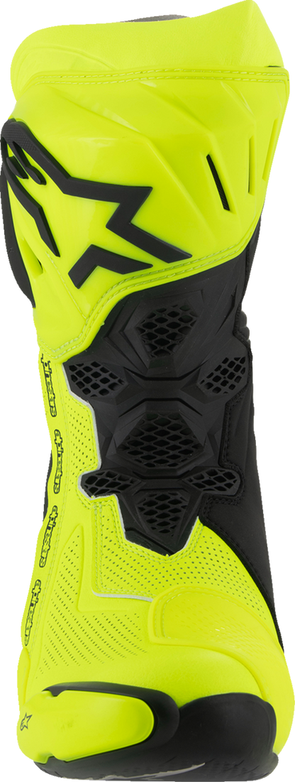 Alpinestars Supertech R Vented Motorcycle Boots in fluorescent yellow and black, US 11.5, showing venting and ankle support.