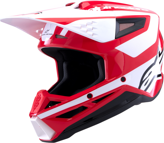 Alpinestars SM3 motorcycle helmet in heat gloss red, white, and black with matte finish, medium size, front view.