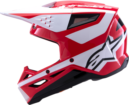 Alpinestars SM3 helmet in heat gloss red, white, and black with a medium size, featuring aerodynamic design and ventilation features.