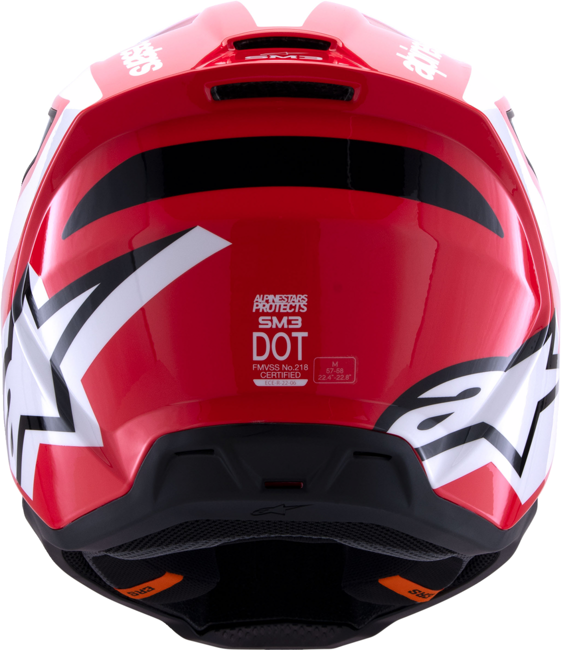 Alpinestars SM3 helmet in heat gloss red, white, and black with a medium size, featuring a sleek aerodynamic design.