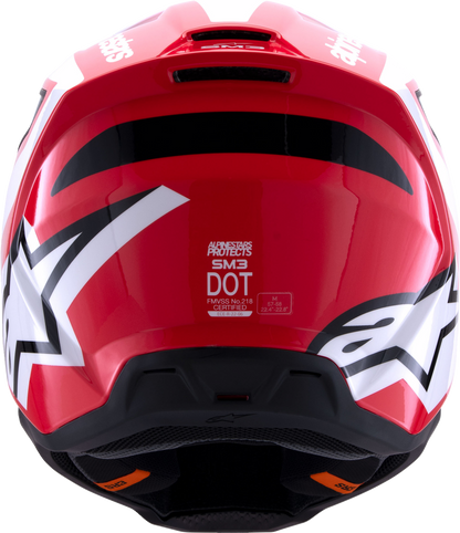 Alpinestars SM3 helmet in heat gloss red, white, and black with a medium size, featuring a sleek aerodynamic design.