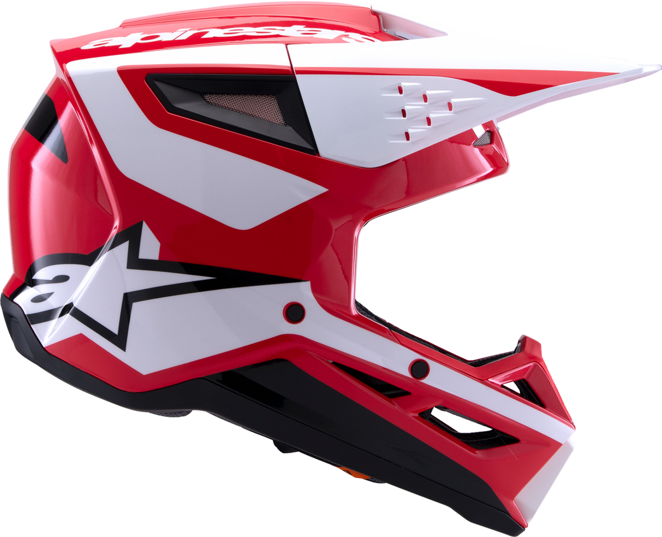 Alpinestars SM3 motorcycle helmet in heat gloss red, white, and black with sleek design, medium size, and aerodynamic shape.