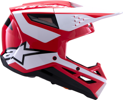 Alpinestars SM3 motorcycle helmet in heat gloss red, white, and black with sleek design, medium size, and aerodynamic shape.