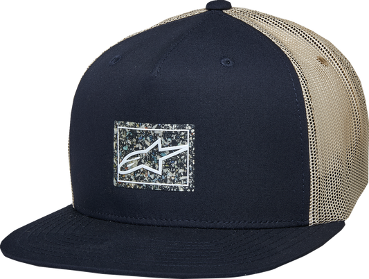 Alpinestars Mackinic Trucker Hat in navy and khaki with mesh back and curved brim, one size fits most.