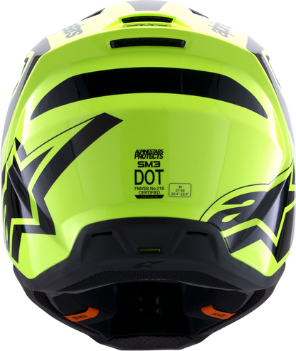 Alpinestars SM3 helmet in gloss yellow fluo and black with ventilation vents, medium size, designed for motorcycle riding.