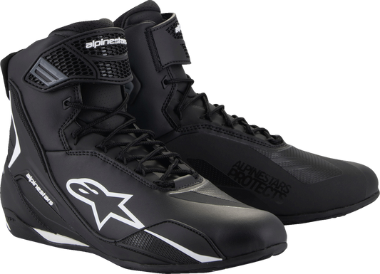 Alpinestars Faster-4 road cycling shoes in black and white with US size 9, featuring sleek design and adjustable straps.