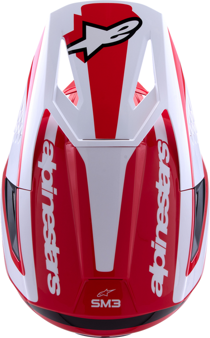 Alpinestars SM3 helmet in heat gloss red, white, and black with ventilation vents and aerodynamic design for motorcycle riding.