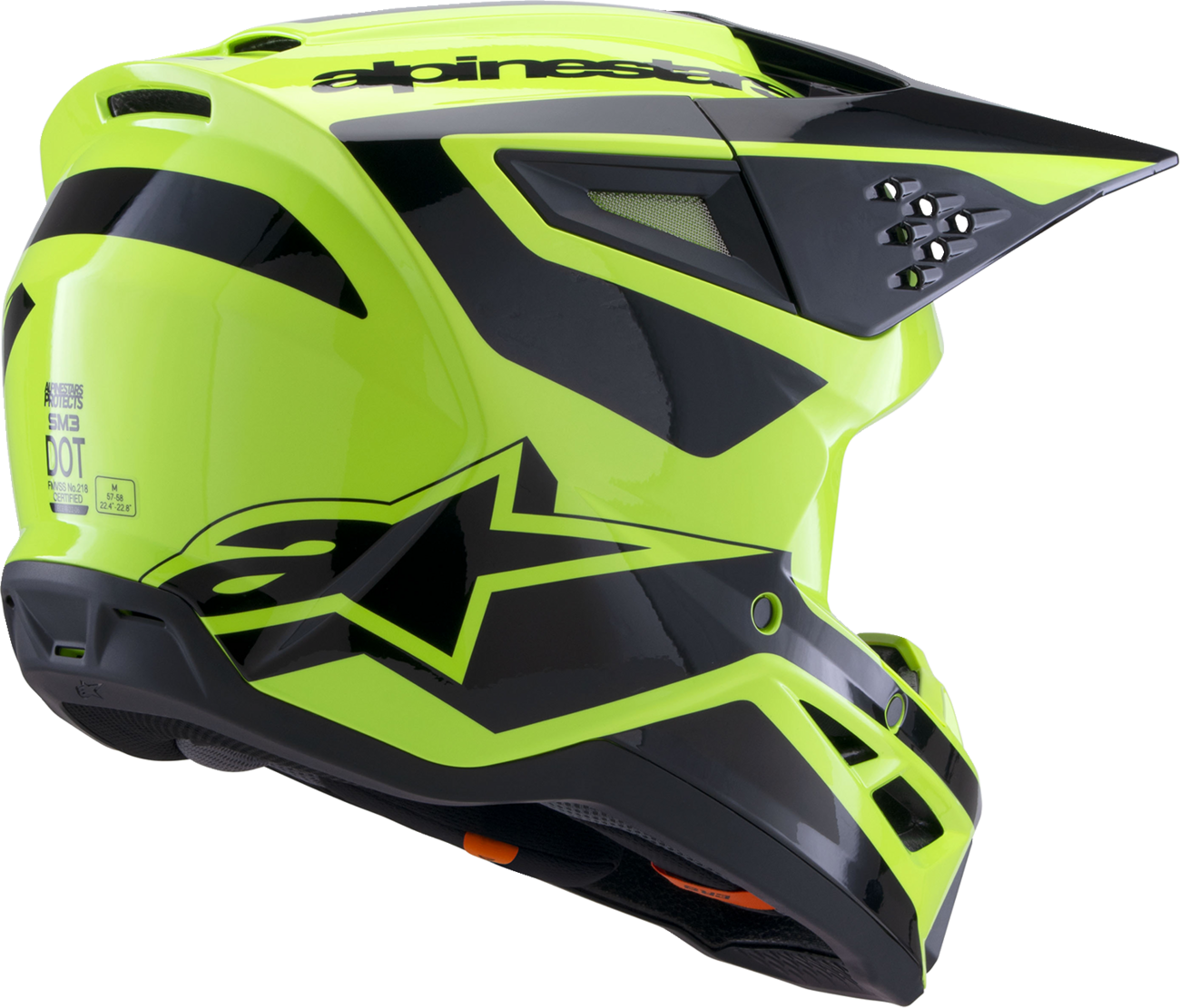 Alpinestars SM3 helmet in gloss yellow fluo and black, medium size, with aerodynamic design and ventilation features.