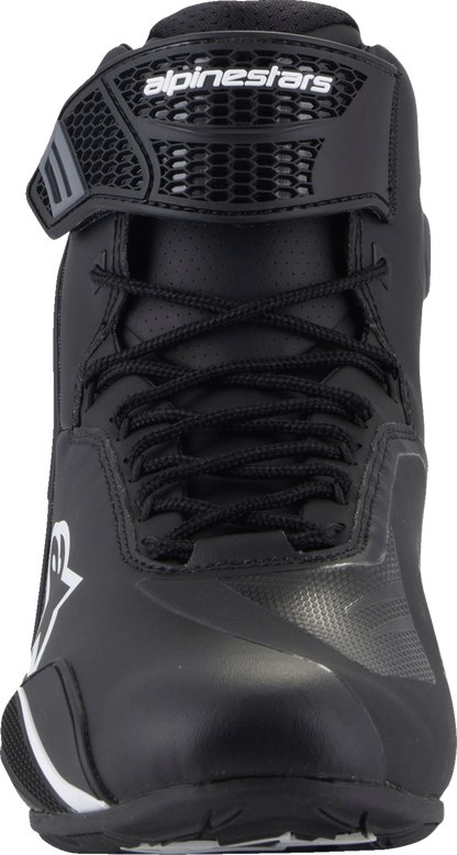 Alpinestars Faster-4 road cycling shoes in black and white, US size 9, featuring sleek design and secure fastening.