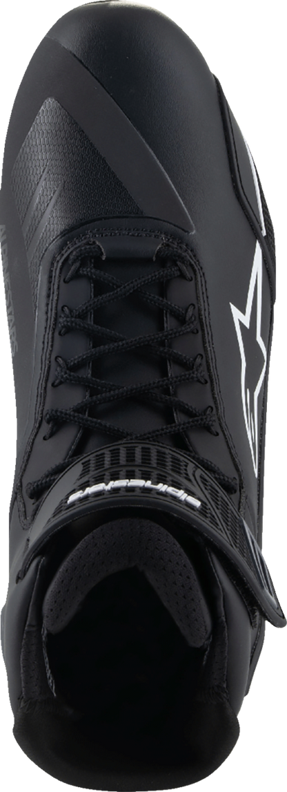 Alpinestars Faster-4 road cycling shoes in black and white, US 11.5, showing the sleek design and fastening system.