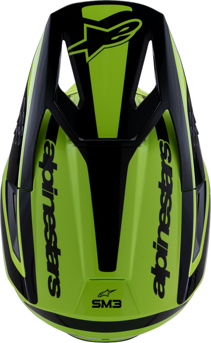 Alpinestars SM3 helmet in gloss yellow fluo and black with aerodynamic design, medium size, and ventilation features.