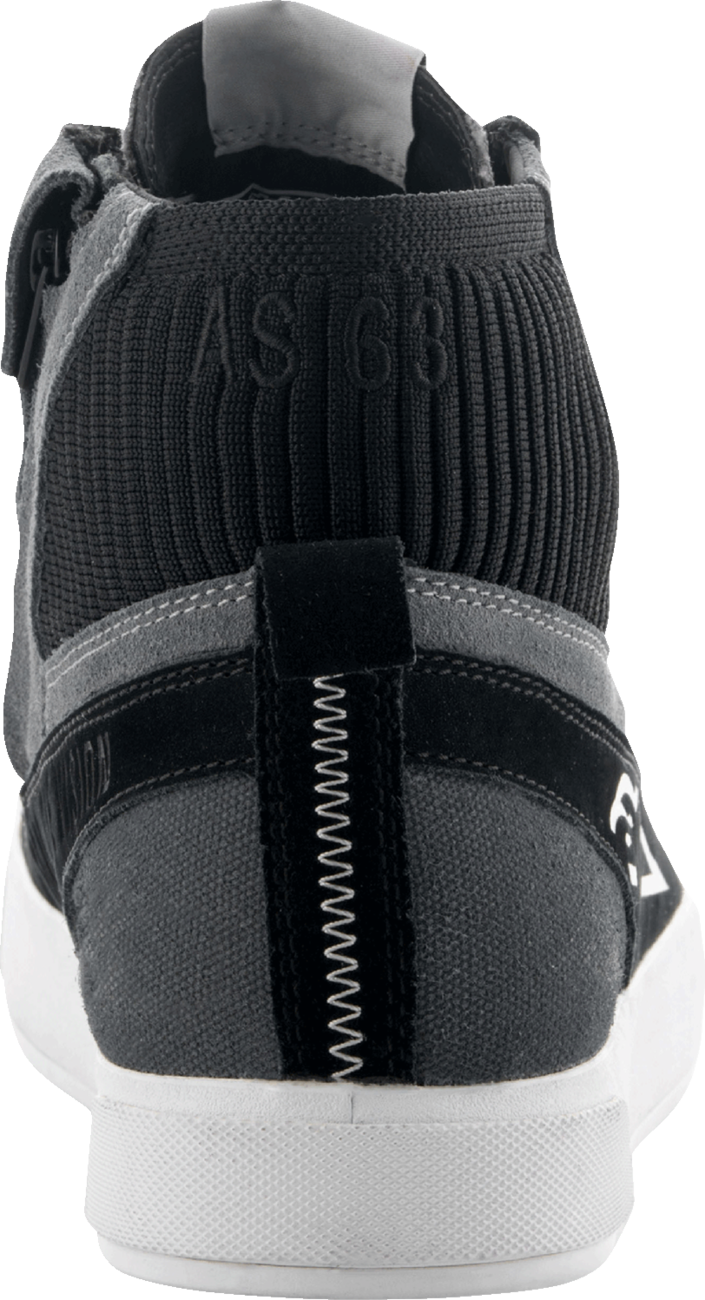 Alpinestars Stated Shoes in black, gray, and white with US 8.5 size, showing side view of sporty design and branding.
