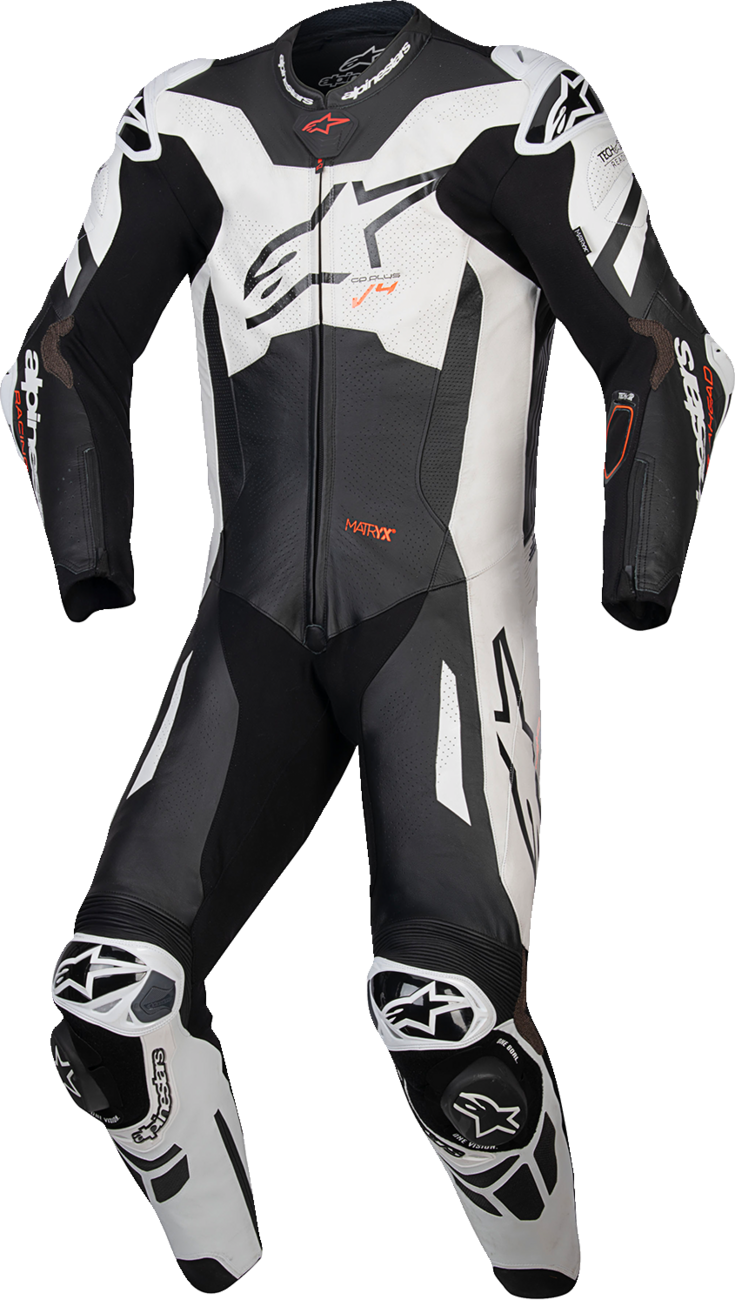 Alpinestars GP Plus v4 Sprint 1-piece leather motorcycle suit in black, red fluo, and white, US 40 / EU 50, displayed on a mannequin.