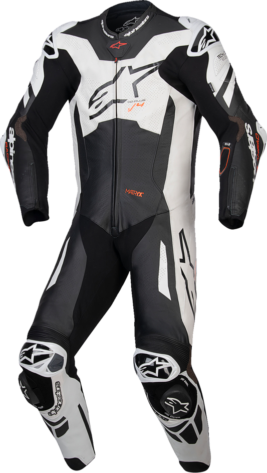 Alpinestars GP Plus v4 Sprint 1-piece leather motorcycle suit in black, red fluo, and white, US 46 / EU 56, displayed on a mannequin.