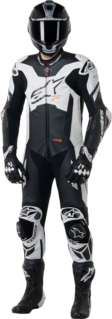 Alpinestars GP Plus v4 Sprint 1-piece leather motorcycle suit in black, red fluo, and white, US 46 / EU 56, displayed on a model.