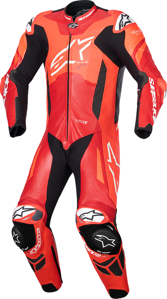 Alpinestars GP Plus v4 Sprint 1-piece leather motorcycle suit in red fluo, white, and mid red, US 42 / EU 52, showing front view.