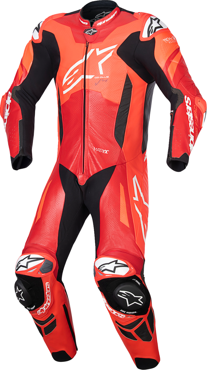 Alpinestars GP Plus v4 Sprint 1-piece leather motorcycle suit in red fluo, mid red, and white, US 46, EU 56, displayed on a mannequin.