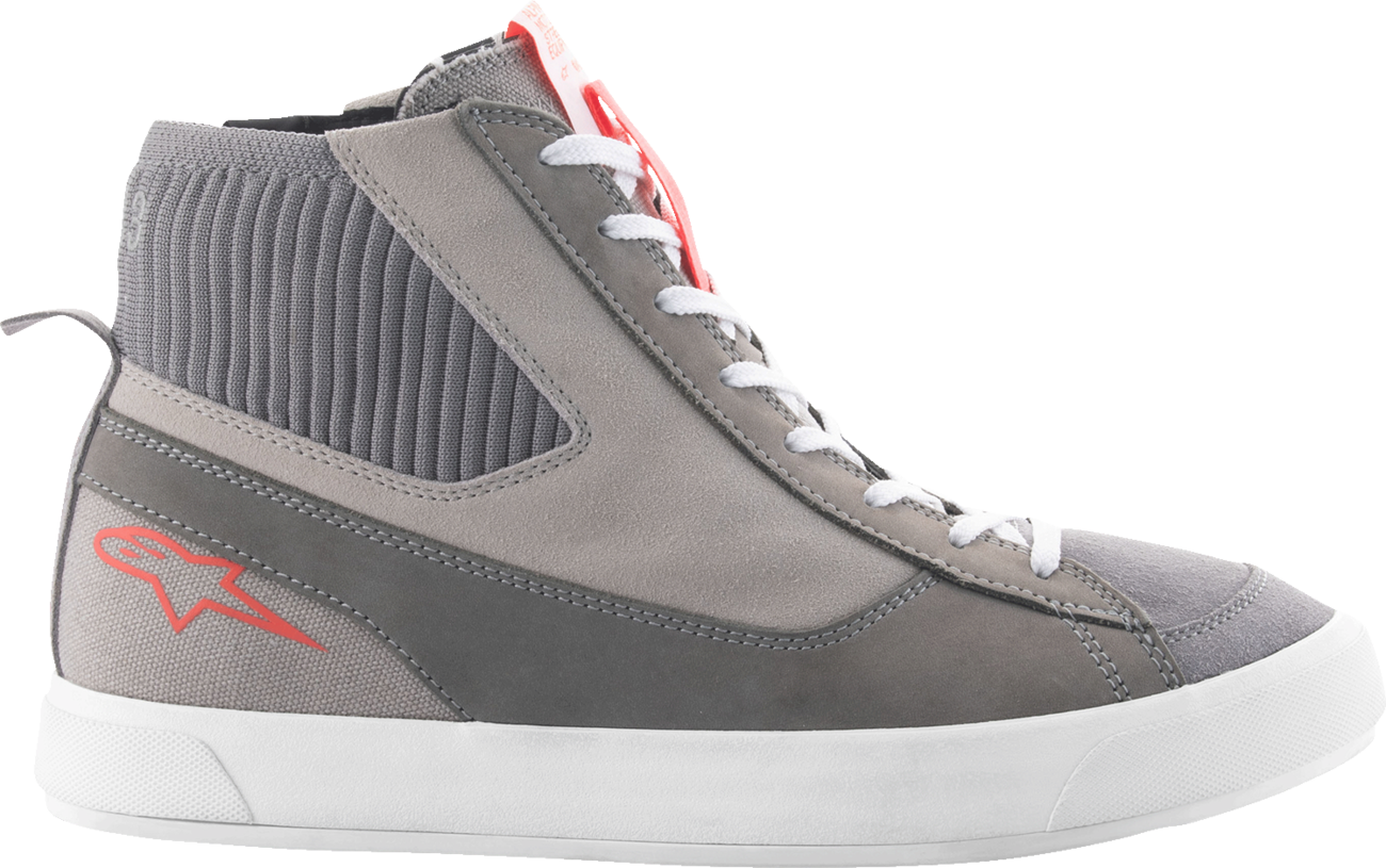 Alpinestars Stated motorcycle shoes in gray, red, and white with durable leather and mesh, US 11.5 / EU 45. footwear.