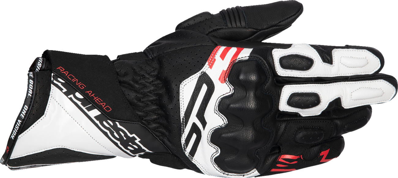 Alpinestars SP-3 motorcycle gloves in black, white, and fluo red with small size, featuring reinforced knuckles and adjustable wrist straps.