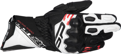 Alpinestars SP-3 motorcycle gloves in black, white, and fluo red with small size, featuring reinforced knuckles and adjustable wrist straps.