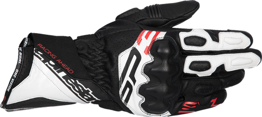Alpinestars SP-3 motorcycle gloves in black, white, and fluo red, XL size, featuring reinforced protection and comfortable fit.