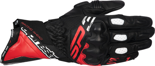 Alpinestars SP-3 motorcycle gloves in black, bright red, and white with size XL, featuring protective knuckles and breathable material.
