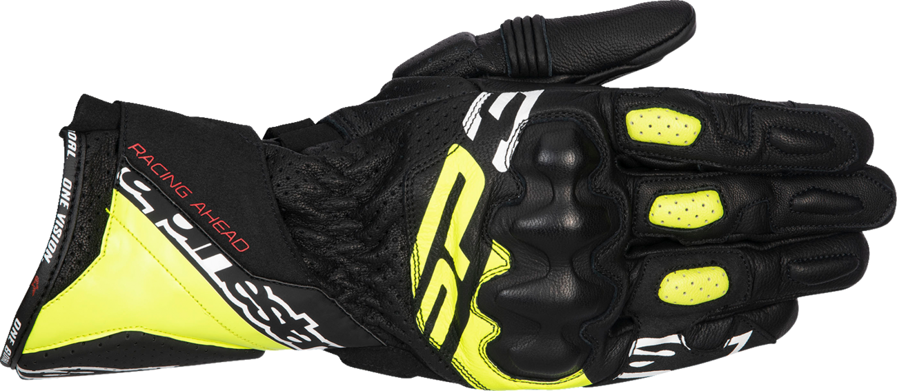 Alpinestars SP-3 motorcycle gloves in black, fluo yellow, and white, size XL, showing protective knuckles and breathable fabric.