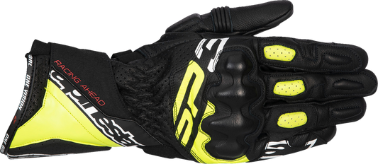 Alpinestars SP-3 motorcycle gloves in black, fluo yellow, and white, small size, with protective padding and sporty design.