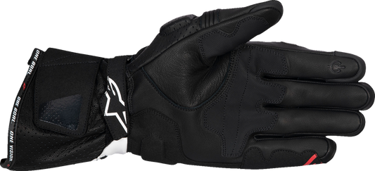 Alpinestars SP-3 motorcycle gloves in black, white, and fluo red with protective padding, size small, showing detailed design.