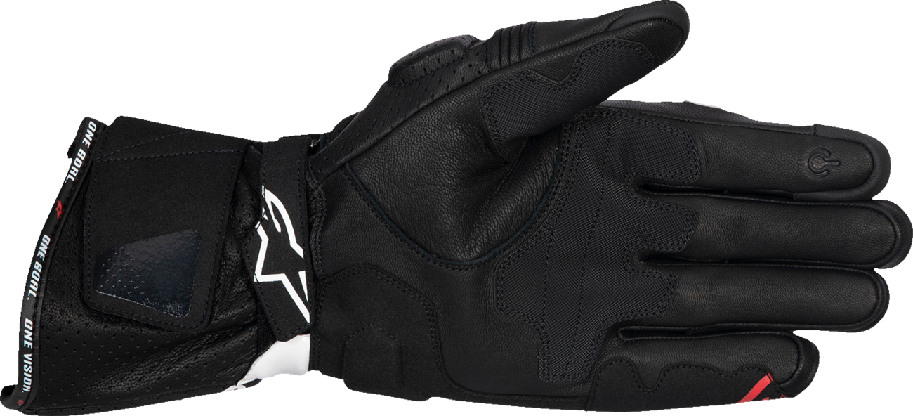 Alpinestars SP-3 motorcycle gloves in black, white, and fluo red with protective padding, size small, showing detailed design.