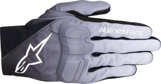 Alpinestars Reef V2 motorcycle gloves in mid gray, black, and white, size medium, featuring protective knuckles and breathable fabric.