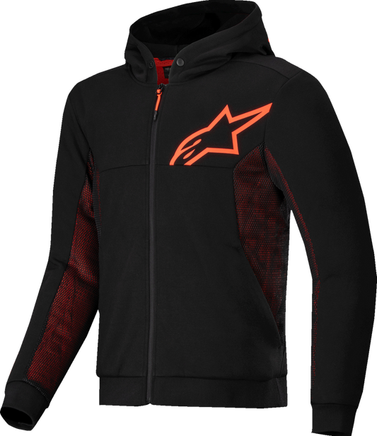 Alpinestars Chrome Air Sport Hoodie in black and red fluo, featuring sporty design and breathable fabric, front view.