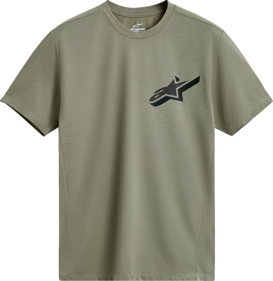 Alpinestars Attrition performance T-shirt in light green and black, 2XL size, shown with front view and fabric details.