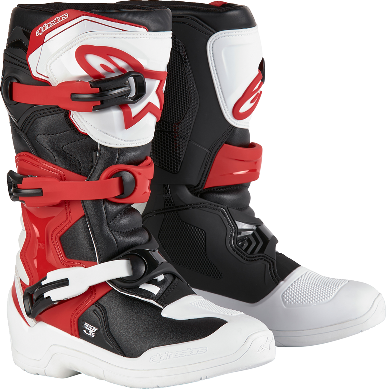 Alpinestars Youth Tech3S motorcycle riding boots in white, black, and red with protective features for junior riders.