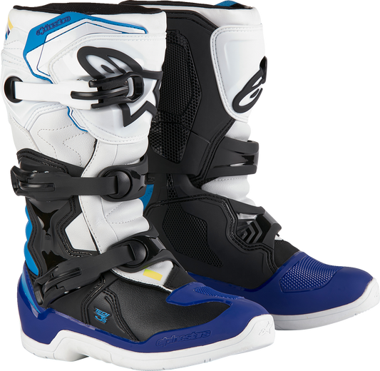 Alpinestars Youth Tech3S motorcycle riding boots in white, black, and blue for junior riders, with protective design and branding.