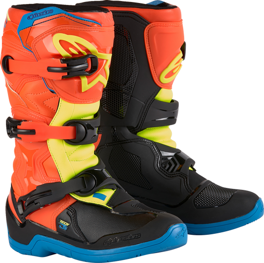 Alpinestars Youth Tech3S motocross boots in orange, blue, yellow, and black with US 3/EU 35.5 size, shown from the side.
