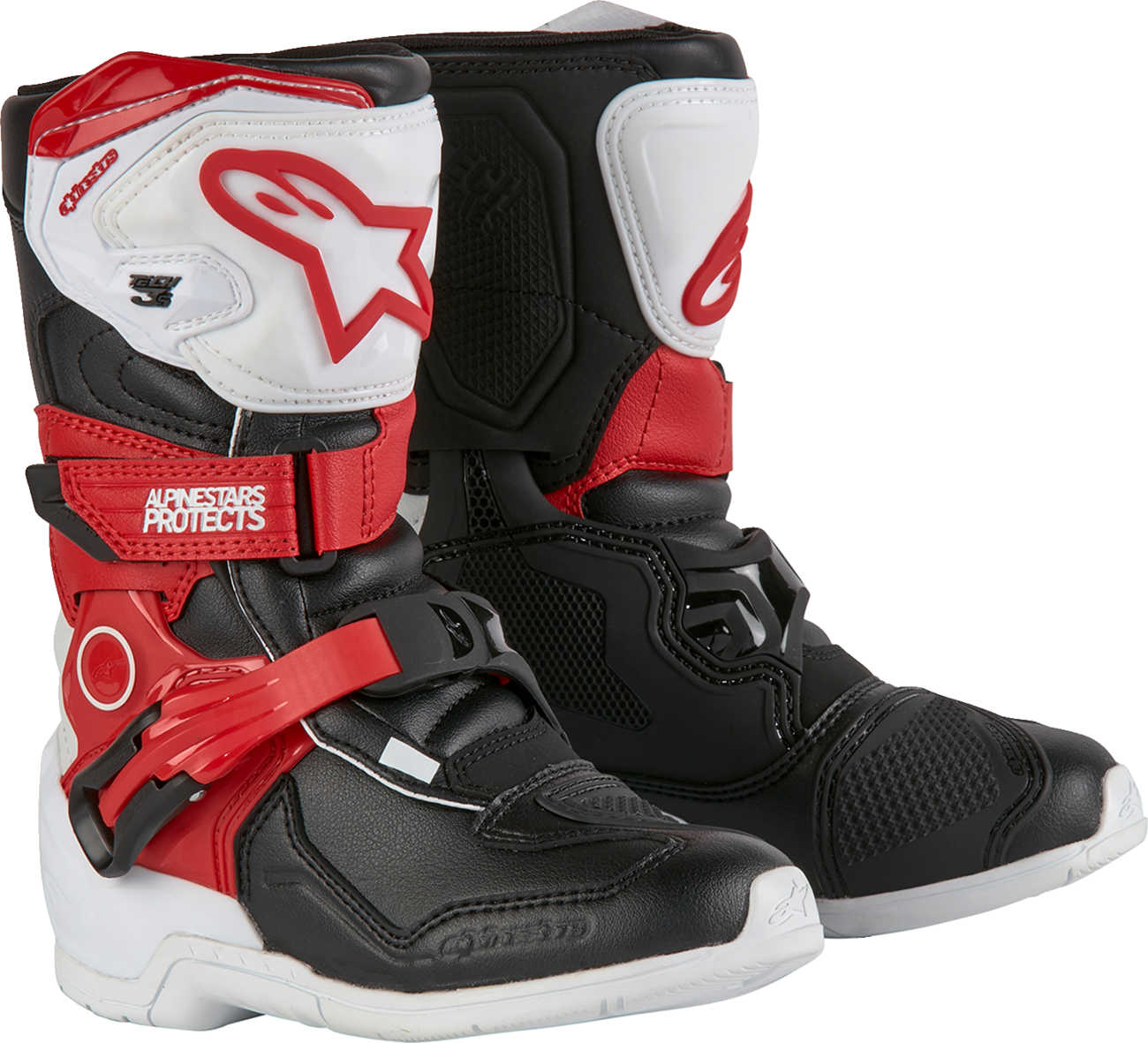 Alpinestars Kids Tech 3S motorcycle boots in red, black, and white, US 1 / EU 33, with protective features and durable design.