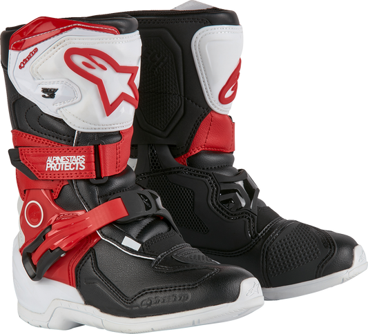 Alpinestars Kids Tech 3S motorcycle boots in red, black, and white, US 1 / EU 33, with protective features and durable design.