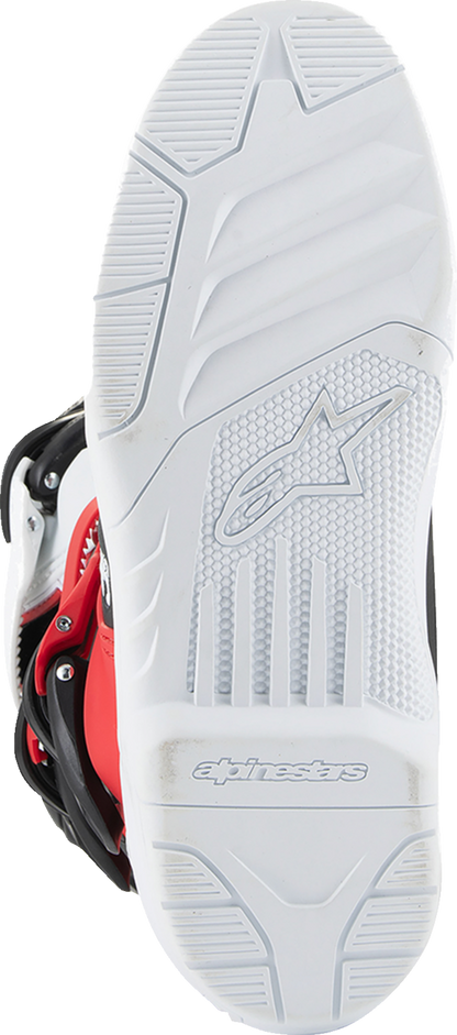 Alpinestars Youth Tech3S motocross boots in white, black, and red for junior riders, featuring protective design and secure fastenings.