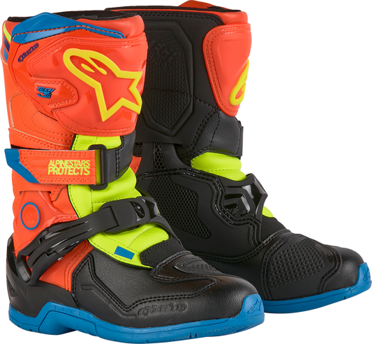 Alpinestars Kids Tech 3S motocross boots in fluorescent orange, yellow, and blue, size US 1 / EU 33, with protective features.
