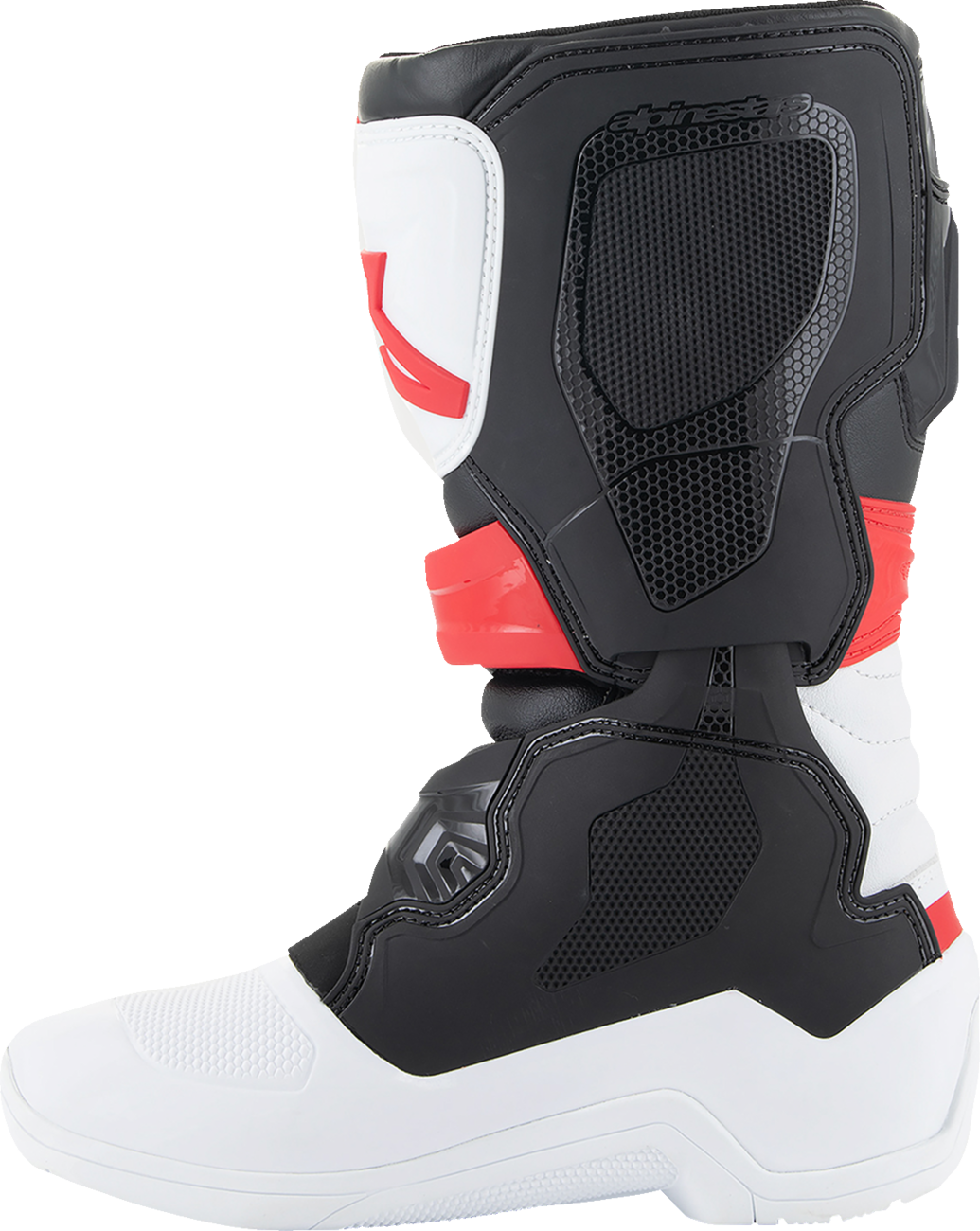 Alpinestars Youth Tech3S motorcycle boots in white, black, and red with protective design for junior riders.