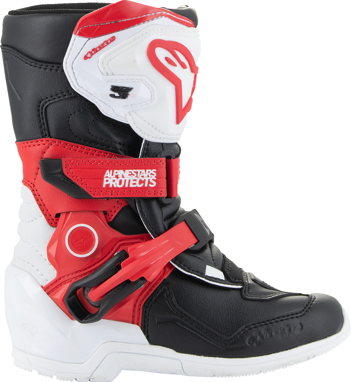 Alpinestars Kids Tech 3S motorcycle boots in red, black, and white with adjustable straps and protective features.