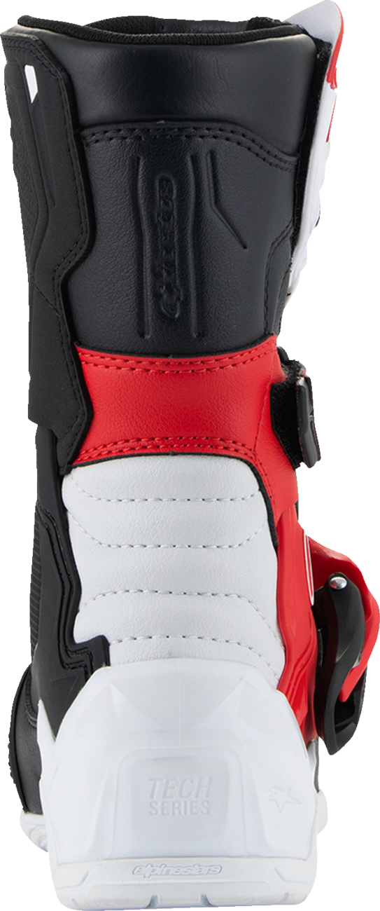Alpinestars Kids Tech 3S motocross boots in red, black, and white with adjustable straps, US size 1, EU 33.