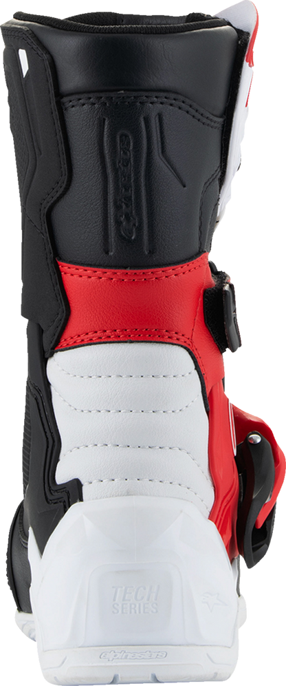 Alpinestars Kids Tech 3S motocross boots in red, black, and white with adjustable straps, US size 1, EU 33.