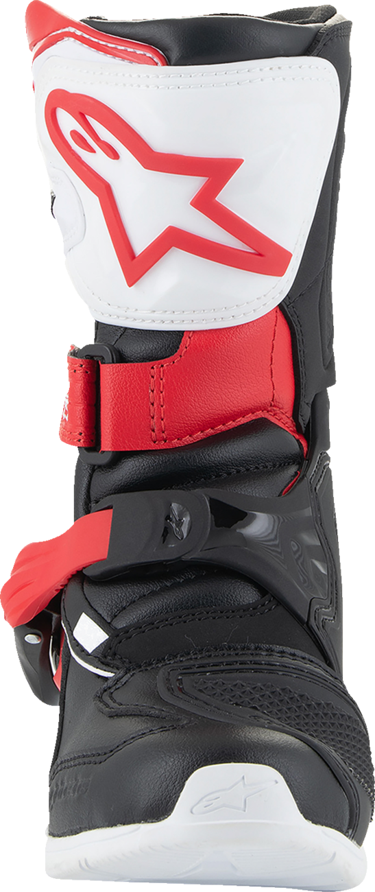 Alpinestars Kids Tech 3S motorcycle boots in red, black, and white, size US 1 / EU 33, featuring protective design and branding.